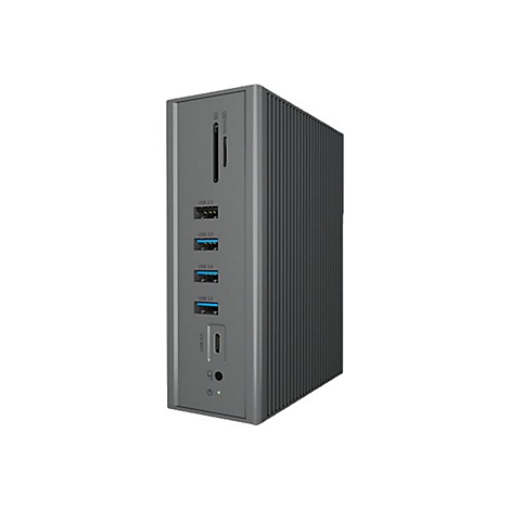 Graue Dockingstation mit vielen AnschlÃ¼ssen. Oben: Kartenleser. Unten: Audio und weitere USB-Ports.
