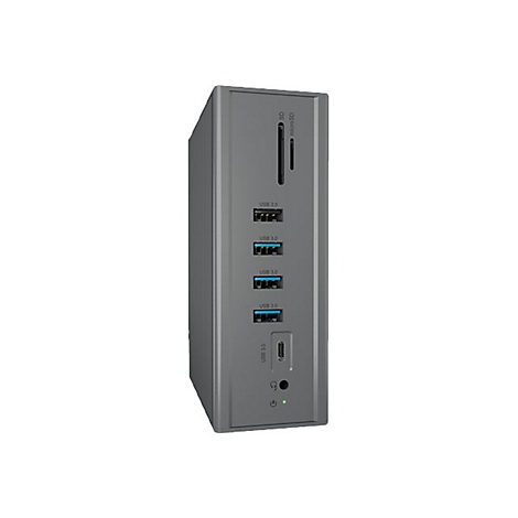 Graue Dockingstation mit mehreren USB-AnschlÃ¼ssen, SD-Kartenleser und Audioanschluss. Auf weiÃŸem Hintergrund isoliert.