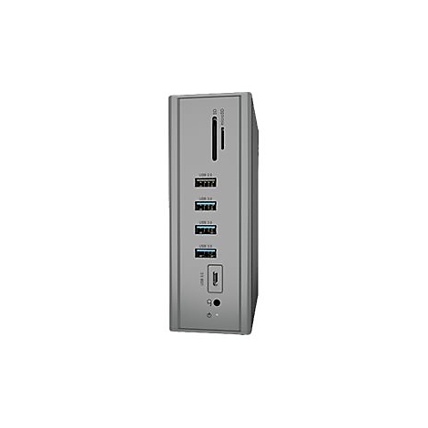 Graue Dockingstation mit SD-Kartenleser, USB-AnschlÃ¼ssen und KopfhÃ¶reranschluss.