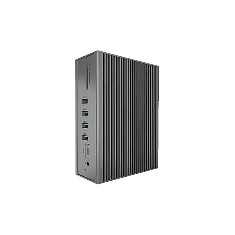 Graue Dockingstation mit USB-AnschlÃ¼ssen und Kartenleser. Die Vorderseite hat einen geriffelten Aufbau, die rechte Seite glatt.