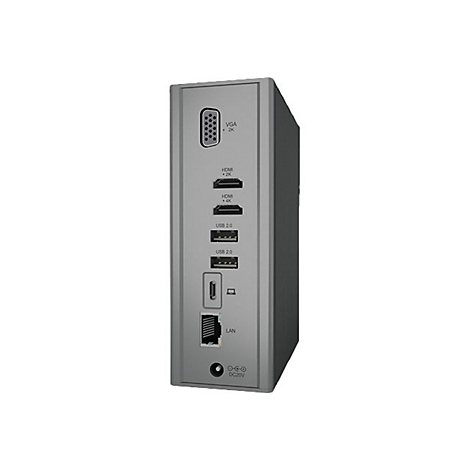 Grauer Adapter mit verschiedenen AnschlÃ¼ssen: VGA, HDMI, USB, LAN und Stromanschluss.