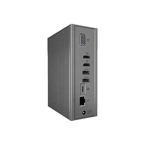 Grauer Dockingstation-Adapter. Auf der RÃ¼ckseite befinden sich AnschlÃ¼sse wie HDMI, USB und LAN.
