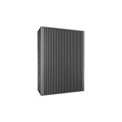 Grauer PC-Tower mit geriffelter Front, vor weiÃŸem Hintergrund.