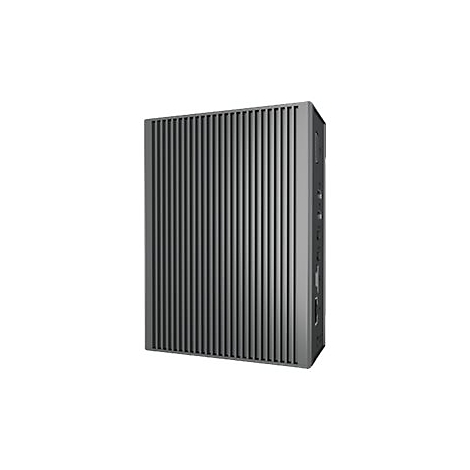 Ein grauer, geriffelter Computer mit AnschlÃ¼ssen an der Seite, auf weiÃŸem Hintergrund.