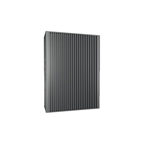 BoÃ®te rectangulaire grise avec des rainures verticales. Sur fond blanc.