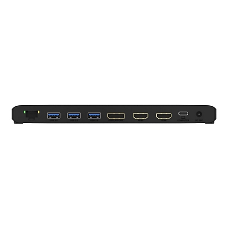 Schwarzer, rechteckiger Hub mit verschiedenen AnschlÃ¼ssen, darunter USB, HDMI und Stromversorgung.