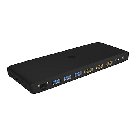 Schwarze Dockingstation mit verschiedenen AnschlÃ¼ssen wie USB, HDMI, und Ethernet.
