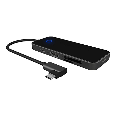 Schwarzer USB-C-Hub mit mehreren AnschlÃ¼ssen, darunter HDMI, SD-Kartenleser, und USB-C-Anschluss, mit blau leuchtendem Kreis.