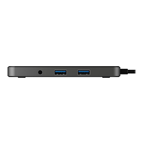 Graues USB-Hub mit AnschlÃ¼ssen, Klinkenstecker und Kabel, auf weiÃŸem Hintergrund.