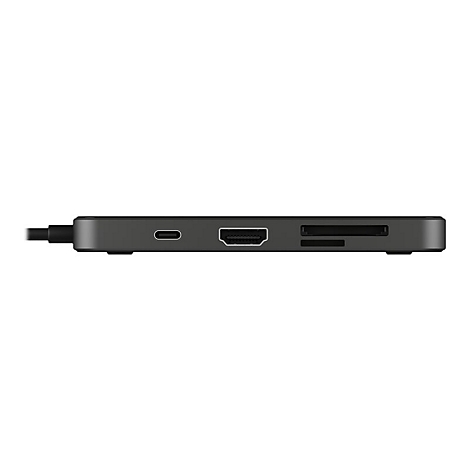 Station d'accueil USB-C grise avec ports, HDMI, USB-C et lecteur de carte SD.