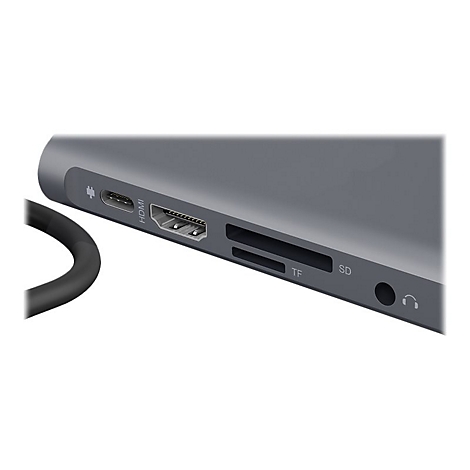 Graues elektronisches GerÃ¤t mit AnschlÃ¼ssen: HDMI, USB-C, SD-Karte, TF-Karte und Audioanschluss. Ein schwarzes Kabel ist sichtbar.