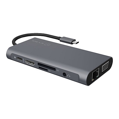 Graue USB-C-Dockingstation mit verschiedenen AnschlÃ¼ssen, darunter HDMI, USB, SD-Kartenleser und Ethernet, mit Kabel.