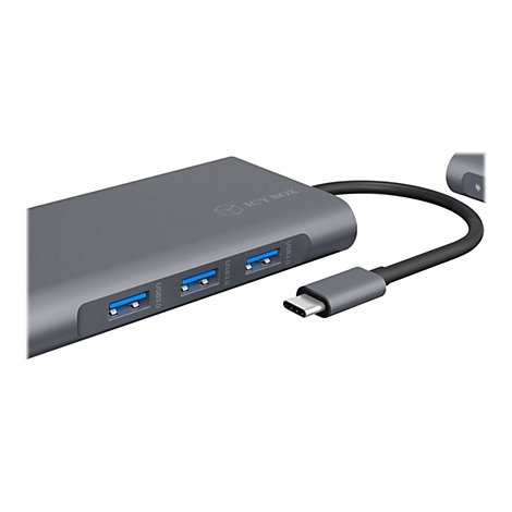 Grauer USB-C-Hub mit drei blauen USB-AnschlÃ¼ssen und schwarzem Kabel.
