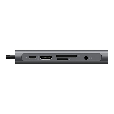 Graues elektronisches GerÃ¤t mit verschiedenen AnschlÃ¼ssen, darunter USB-C, HDMI und SD-Karten-Slot.
