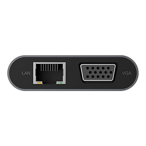 Naheinstellung eines schwarzen Adapters mit VGA- und LAN-Anschluss. Beschriftungen: LAN, VGA.