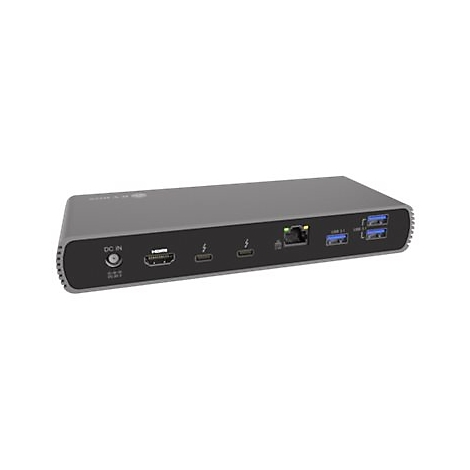 Graue Dockingstation mit zahlreichen AnschlÃ¼ssen wie USB und HDMI. Die Vorderseite ist dunkelgrau mit weiÃŸen Symbolen.