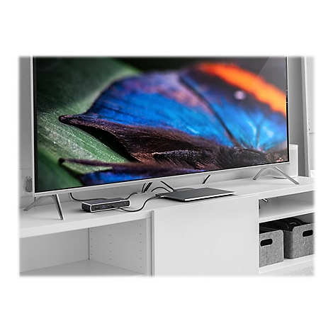 Ein Fernseher mit bunten Schmetterlingsbildern wird von einem GerÃ¤t angesteuert. Die GerÃ¤te sind auf einem weiÃŸen Sideboard platziert.