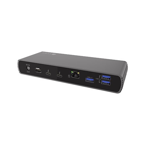 Graue Dockingstation mit AnschlÃ¼ssen, wie USB und Ethernet.