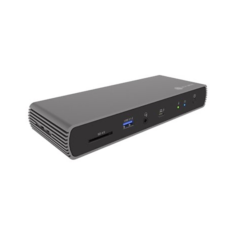 Graue Dockingstation mit SD-Karten-Slot, USB-AnschlÃ¼ssen, KopfhÃ¶reranschluss und Kontrollleuchten auf weiÃŸem Hintergrund.