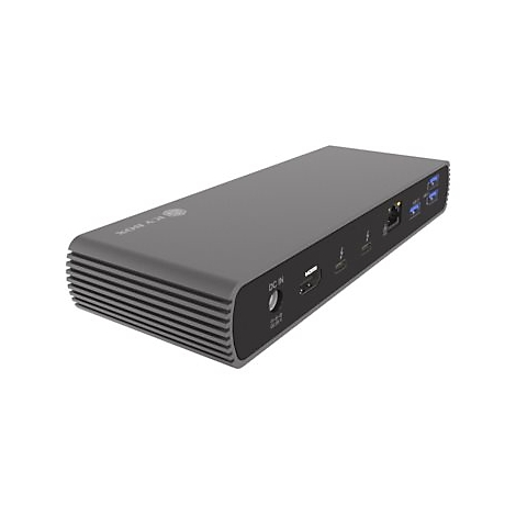 Grauer Dockingstation mit AnschlÃ¼ssen. Auf der Vorderseite: Ein- und AusgÃ¤nge, AnschlÃ¼sse. Auf der RÃ¼ckseite: USB-Ports und andere AnschlÃ¼sse.