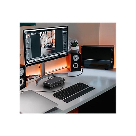 Schreibtisch mit Monitor, Lautsprechern, Tastatur und einem PC-GehÃ¤use. Auf dem Monitor wird eine Bildbearbeitungssoftware angezeigt.