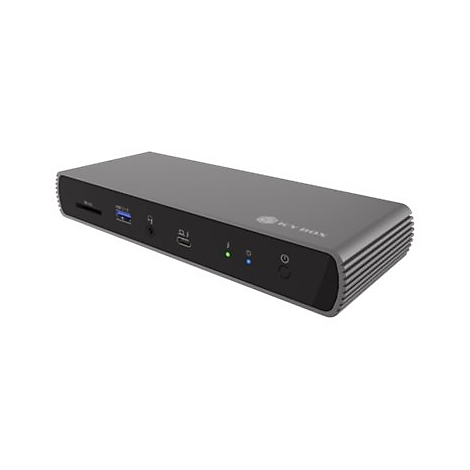 Graue Dockingstation mit AnschlÃ¼ssen und einem Logo. Auf der OberflÃ¤che sind AnschlÃ¼sse fÃ¼r USB, Audio, SD-Karte und Stromversorgung zu sehen.