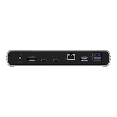 Schwarz-silberne Dockingstation mit verschiedenen AnschlÃ¼ssen wie HDMI, USB und Ethernet.