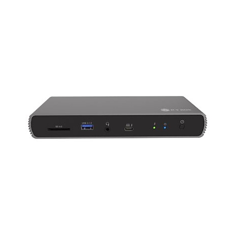 Grauer Dockingstation mit SD-Kartenleser, USB-Anschluss und AnschlÃ¼ssen. Blaue und grÃ¼ne LEDs leuchten.