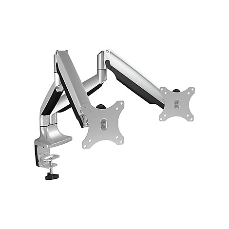 Support de moniteur Ã  deux bras, couleur argent, sur fond blanc.