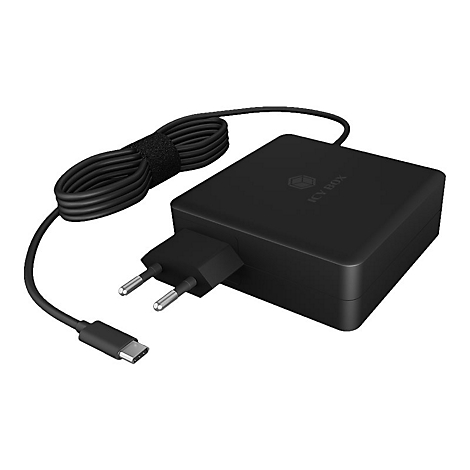 Schwarzes Netzteil mit Kabel und Stecker, Logo ICY BOX ist sichtbar.