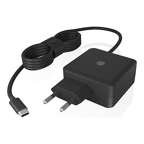 Chargeur d'ordinateur portable noir avec connecteur USB-C. Le câble est enroulé et fixé avec du velcro.