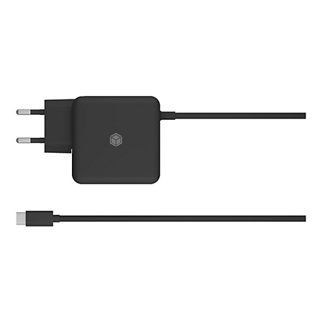 Schwarzes Ladegerät mit Stecker, und USB-C Kabel. Auf dem Ladegerät ist ein Logo in Form eines Würfels.