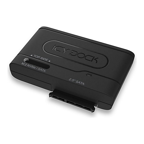 Schwarzer Icy Dock Adapter fÃ¼r 2,5 SATA SSDs und M.2 NVMe/SATA-SSDs. Mit ICY DOCK-Logo.