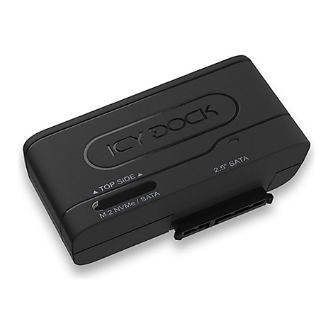 Schwarzer Icy Dock Adapter fÃ¼r 2,5 SATA und M.2 NVMe/SATA SSDs. Beschriftung: Top Side, 2,5 SATA und M.2 NVMe/SATA.