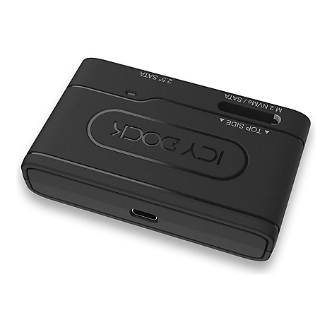 Schwarzer ICY DOCK Festplattenadapter mit AnschlÃ¼ssen fÃ¼r 2.5 SATA und M.2 NVMe/SATA. Logo ICY DOCK.