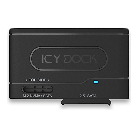 Schwarzer Icy Dock Adapter mit ICY DOCK Schriftzug, M.2 NVMe/SATA und 2,5 SATA AnschlÃ¼ssen. Blaue LED.