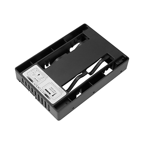 Schwarzer Festplatten-Docking-Adapter mit Anleitung und Schriftzug. Die Halterung ist mit Aussparungen versehen.