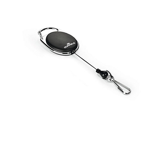 Black ID badge reel with silver border and carabiner hook, lies diagonally on a white background. The "DURABLE" logo is visible.