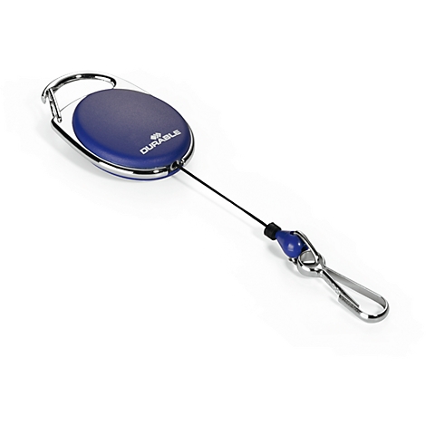 Blue ID badge reel with silver carabiner clip and black cord, DURABLE logo.