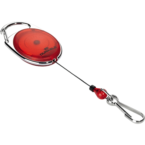 Red card holder with silver carabiner hook, black cord and red clip.