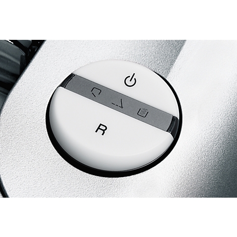 White, round rotary knob with symbols, including an on-off symbol.