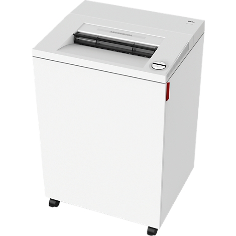 Witte papiervernietiger, vooraanzicht. De papierinvoer is zwart, ernaast een zilveren knop en een rode streep.
