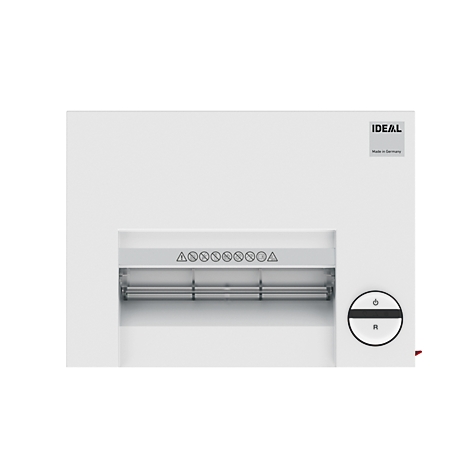 Weißer Aktenvernichter, rechteckig, mit Bedienelementen und dem Schriftzug IDEAL.