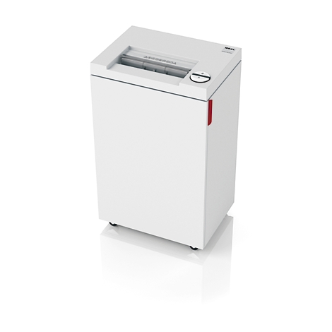 Weißer Aktenvernichter, rechteckig, Papierauswurf oben, roter Akzent an der Seite, auf weißem Hintergrund.