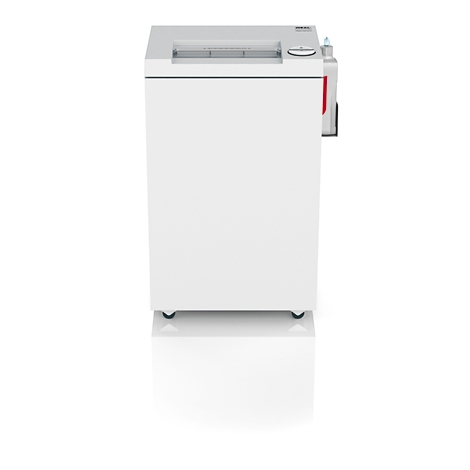 Weißer Aktenvernichter, Vorderansicht. Oben der Einzugsschlitz, rechts ein rotes Element. Vor weißem Hintergrund.