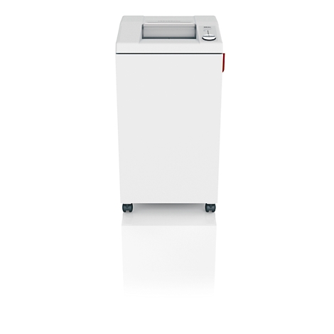 Weißer Aktenvernichter, oben Eingabeschlitz, rot markierter Einschaltknopf.