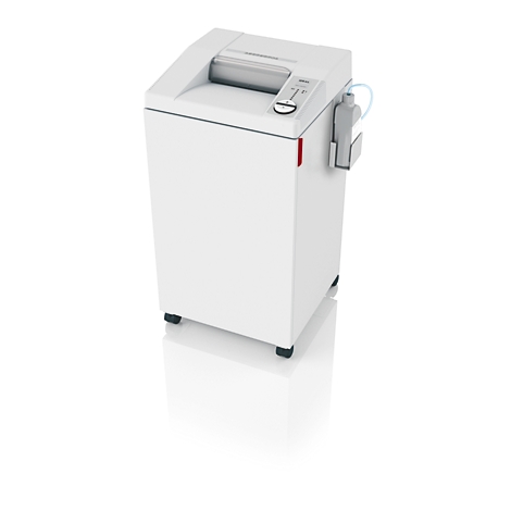 Weißer Aktenvernichter, rechteckig, Bedienfeld, Auffangbehälter. Auf weißem Untergrund.