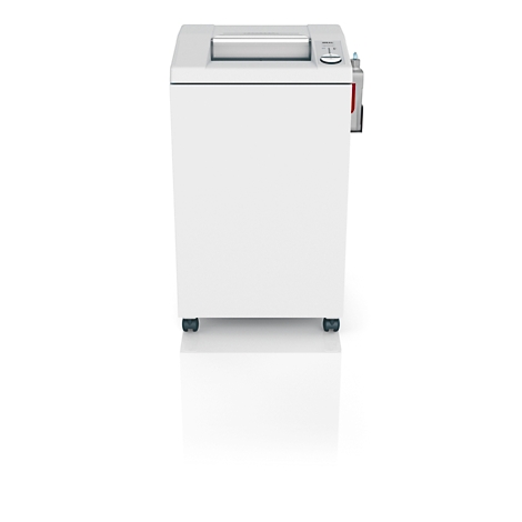 Weißer Aktenvernichter, rechteckig, auf Rollen, mit Eingabefach und Bedienelementen.