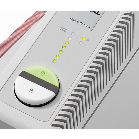 Detailaufnahme einer elektronischen Maschine mit grünen und gelben Kontrollleuchten, einem Einschaltknopf und einem Lüftungsgitter.