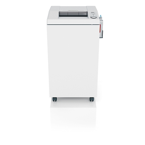 Weißer Aktenvernichter auf Rollen, Vorderansicht. Oben: Einzugsschlitz, rechts: Bedienfeld.